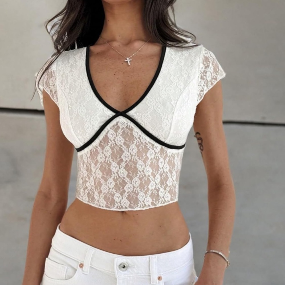 Women Tight Black Contrast Lace Deep V Neck Mesh Top